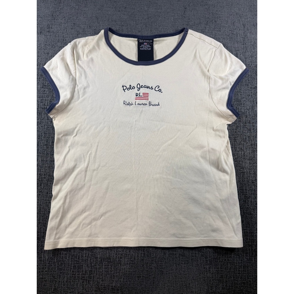 Polo Jeans Co Ralph Lauren Ringer Tee Cream Navy Blue Embroidered Logo XL VTG